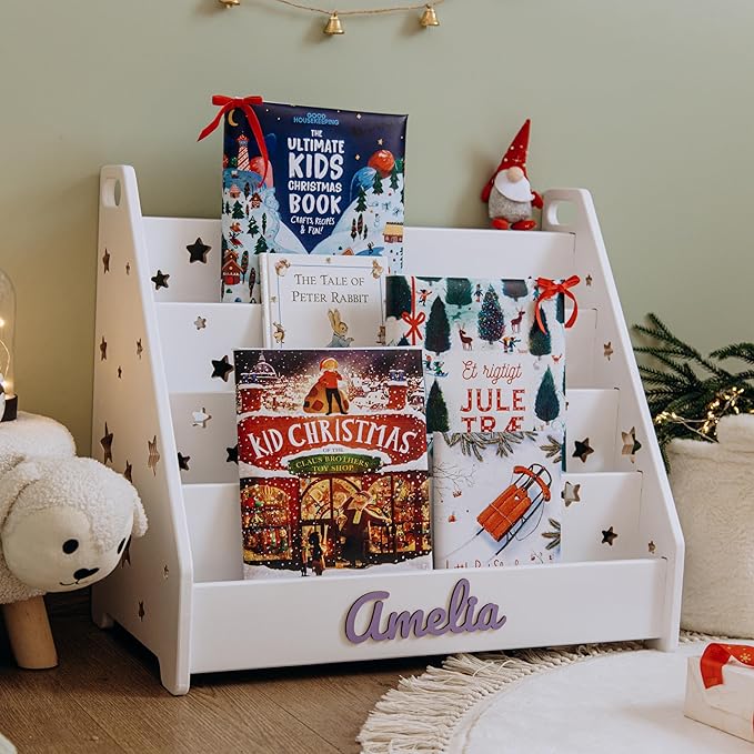 Kids Bookshelf, Furniture for Kids, Personalized Montessori Bookshelf, Open Bookcase for Playroom in Two Sizes, Wooden Shelf with Stars.
