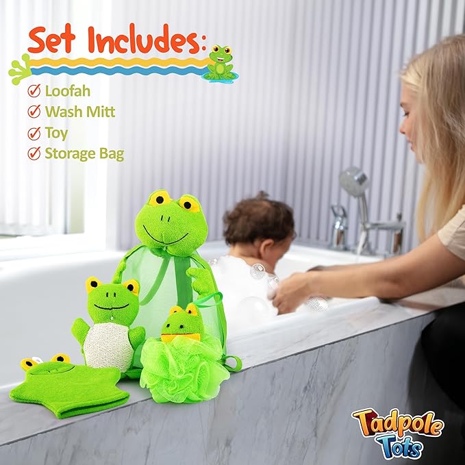 Baby Bath Set – Soft & Durable Frog-Themed Loofah Scrubber Kit – Cute Cartoon Bathing Accessories for Kids – Gentle Exfoliating Wash Mitt & Body Scrubber – Easy to Use