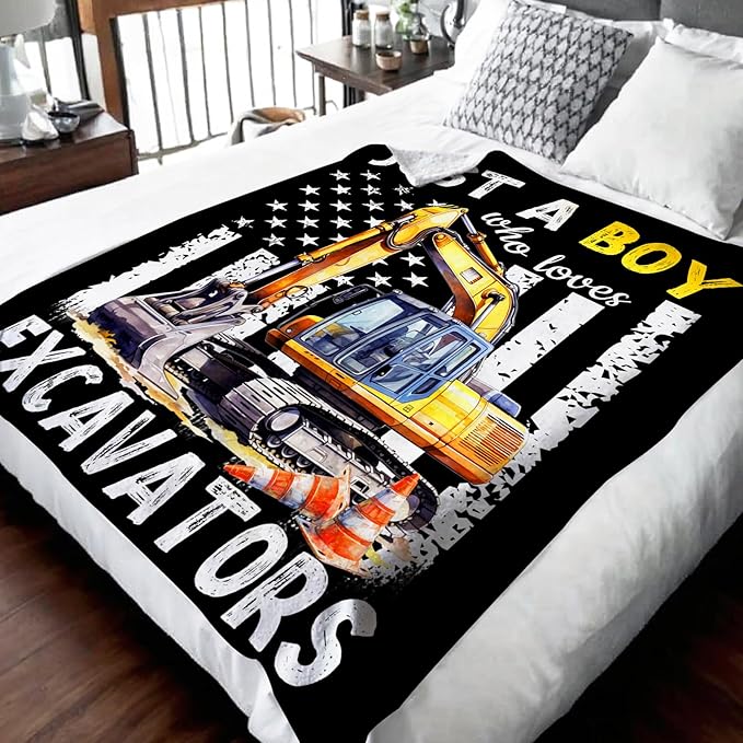 Excavator Gifts for Boys, Cute Car Throw Blanket for Kids Teens Construction Truck Lovers, 40x50 Inches Just A Boy Who Loves Excavators Blankets for Sofa Couch Travel