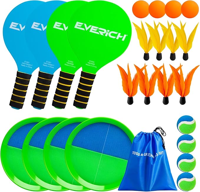 EVERICH Toss and Catch Ball Game Set & Paddle Ball Set, 8 Paddles 8 Balls 8 Birdies for Kids Teens Adults, Outdoor Indoor Beach Yard Pool Toy Games for Family Fun, All-Season Play Birthday Easter Gift