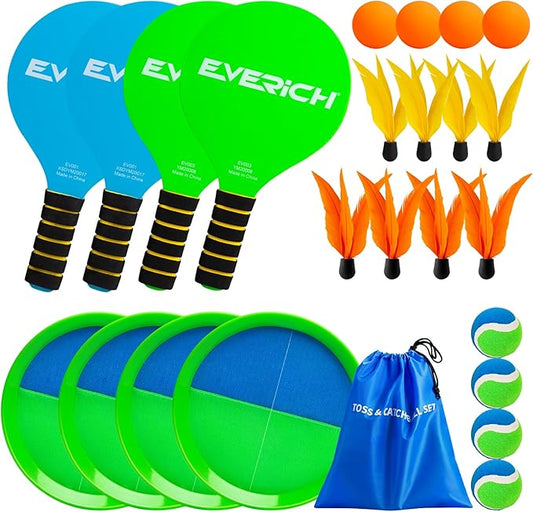 EVERICH Toss and Catch Ball Game Set & Paddle Ball Set, 8 Paddles 8 Balls 8 Birdies for Kids Teens Adults, Outdoor Indoor Beach Yard Pool Toy Games for Family Fun, All-Season Play Birthday Easter Gift