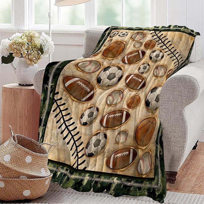 Vintage Sports Soccer Blanket Ultra Soft Cozy Plush Baseball Basketball Football Throw Blanket Sport Ball Fans Lovers Gifts Kids Adults Lightweight Flannel Comfy Blankets for Couch Sofa Bed 60"x50"