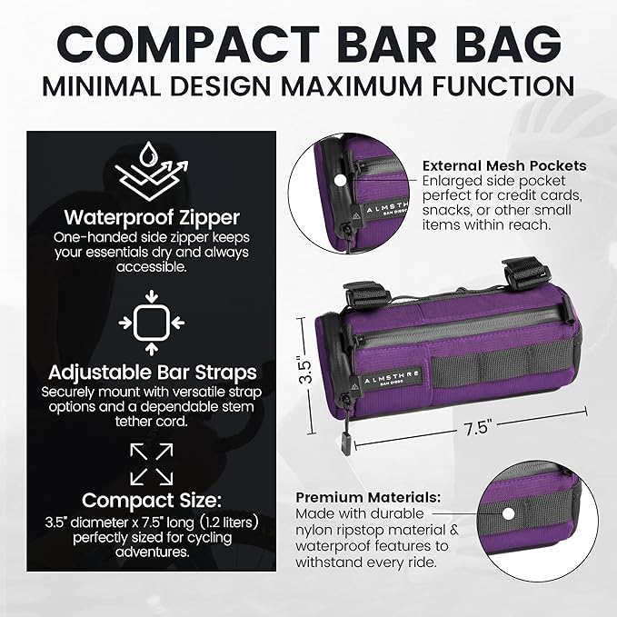Compact Bar Bag – Sterling Violet | Hard-Shell Bike Handlebar Bag with Waterproof Zipper & Adjustable Straps | Lightweight Bicycle Handlebar Bag, Compatible with Road, Gravel & MTB Bikes