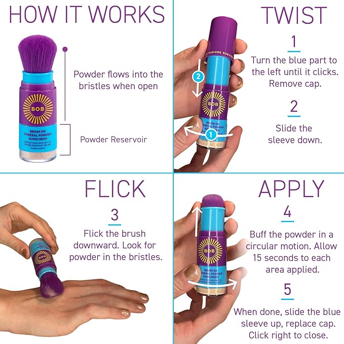 BOB KIDS SPF 30 Brush On Mineral Powder Sunscreen, Broad Spectrum Protection, Water Resistant 80 Mins, Fragrance Free, Easy to Apply for Kids & Babies, Mfg in USA, 2-Pack