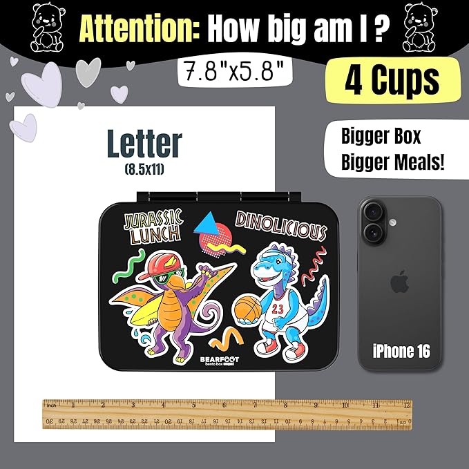 BEARFOOT Kids Lunch Box with Compartments – Compact & Lightweight | Leak-Proof, BPA-Free, Dishwasher & Microwave Safe | Hand-Drawn Design for Preschool, School, Travel (Dinos Black, 4 Cups)