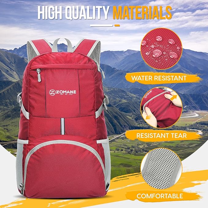 ZOMAKE Lightweight Packable Backpack 35L, Light Foldable Backpacks Water Resistant Collapsible Hiking Bag, Compact Folding Day Pack for Travel Camping(Red)