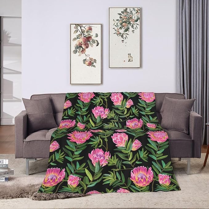 Protea Flower Blanket Ultra Soft Cozy Plush Farmhouse Floral Throw Blanket Wildflower Lovers Gifts for Girls Women Kids Adults Lightweight Flannel Comfy Blankets for Couch Sofa Bed 80"x60"