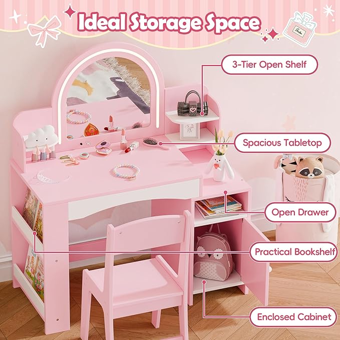 MU Kids Vanity with Lights, Princess Makeup Vanity Desk with Open Bookshelf, Storage Cabinet & Shelves, 2 in 1 Toddler Vanity Table & Chair Set with Lighted Mirror for Little Girls, Pink