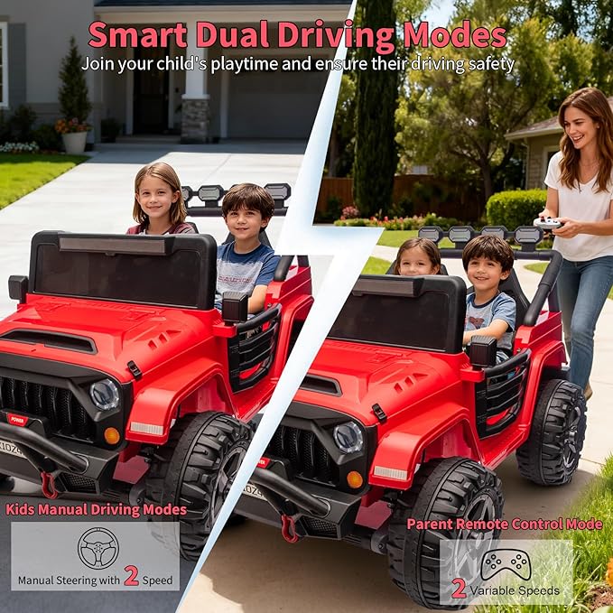24V Ride on Toys for Kids, 2 Seater Electric Ride on Car w/Remote Control, 4 Powerful Motors, 4WD/2WD, 3 Speeds, Led Lights, Bluetooth, Ride on Truck for Kids Toddler, Red