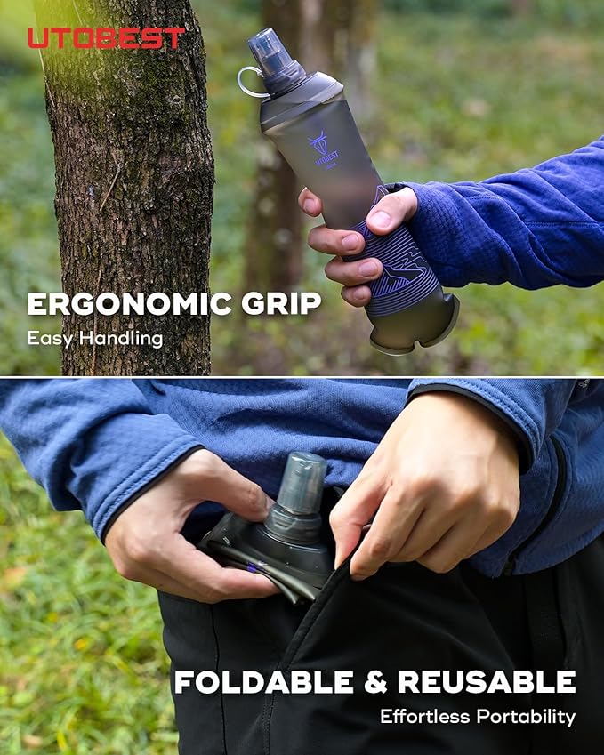 UTOBEST 500ml Soft Flask, 2 Pack Flexible TPU Hydration Water Bottle, Collapsible with 28mm Caliber for Running, Hiking, Cycling, Climbing, and Marathon Purple