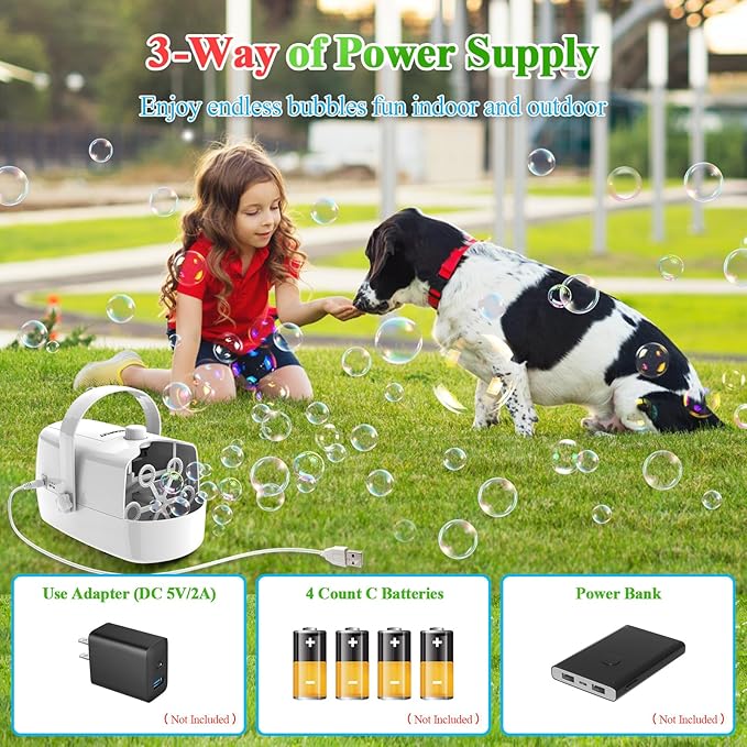 Bubble Machine, 3-in-1 Bubble Maker, Automatic Bubble Blower with 3 Bubble Wands, 8000+ Colorful Bubbles for Kids Toddlers, Operated by Plug-in or Batteries for Indoor Outdoor Birthday Party