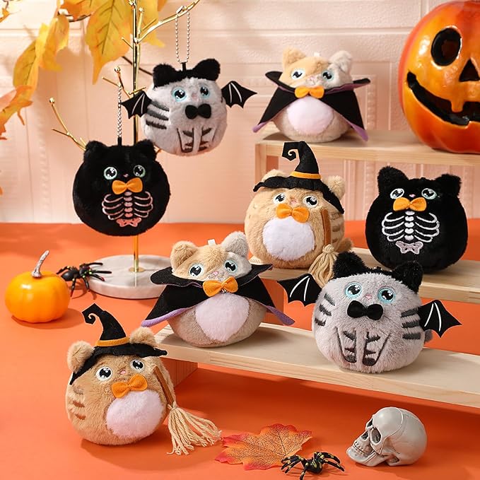 Soulchen 8 Pcs Halloween Stuffed Animal 4 Inch Plush Cat Toys Bulk Mini Halloween Plushies with Keychain Small Kawaii Plush Kitten Characters Trick or Treat Goodie Bag Fillers Party Favors