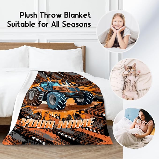 Personalized Blanket for Kids Tractor Throw Gifts - 4 Sizes Cozy Soft Fleece Blankets for Toddler Boys