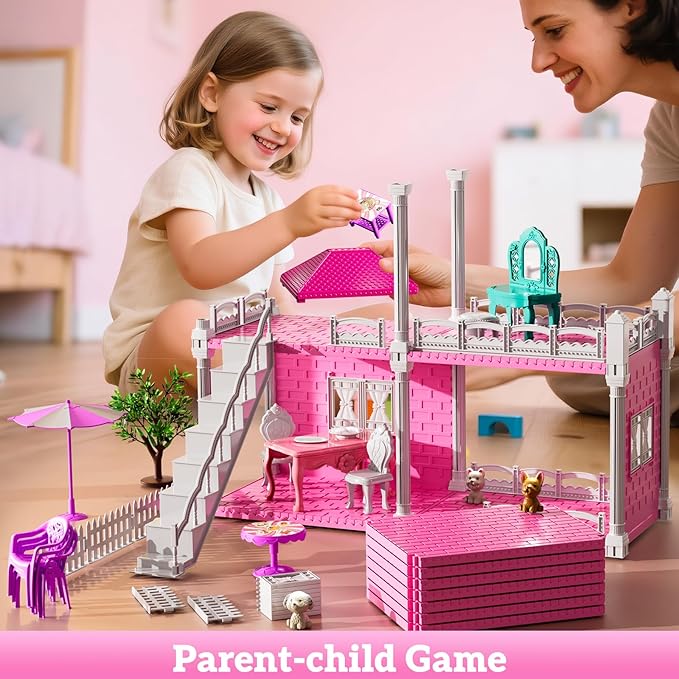 Villa Playset for Girls Ages 3-7, Indoor Playset Girls Toys with 2 Storeys 3 Rooms 2 Dolls for Ages 6-8, Furniture and Accessories, Pretend Toddler Toy, Birthday Gifts for Kids 3 4 5 6 7 8