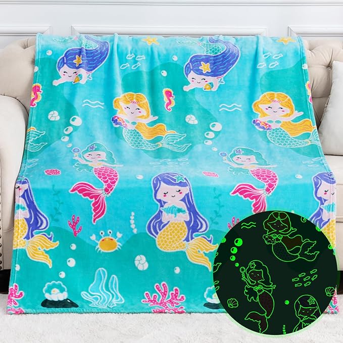 Mermaid Toys Gifts for Girls Kids - Glow in The Dark Ocean Blanket Best Birthday Christmas Valentines Easter Decor Presents for for Age 1-14 Years Old Teens Child Toddler Daughter Soft Throw 50"X60"