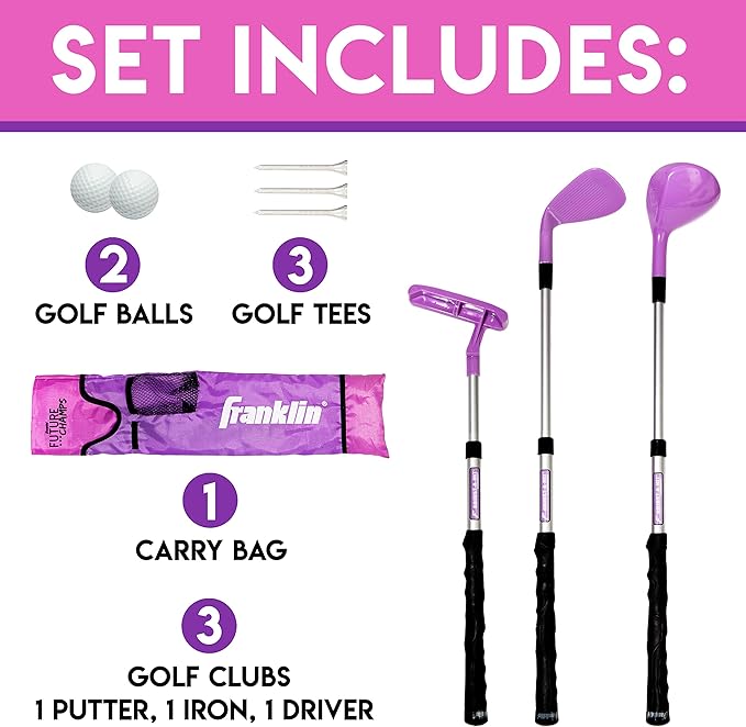 Franklin Sports Golf Set - Youth Adjustable Plastic Golf Club Set - Kids Golf Set with Bag & Balls - Adjustable Length Clubs For Toddlers - Pink