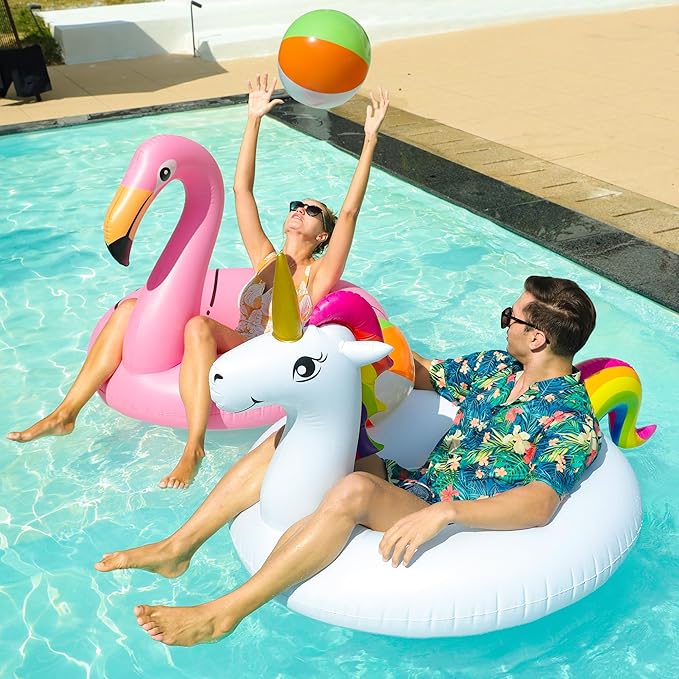 PARENTSWELL 43'' Inflatable Unicorn Flamingo Pool Floats, 2 Pack Pool Tube Floaties Swim Rings with 2 Beach Balls, Inflatable Pool Raft Tubes for Adults