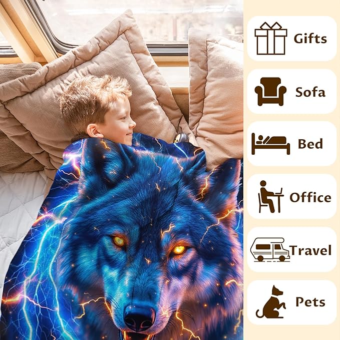 Personalized Wolf Blanket for Boys, Throw Blanket with Custom Name for Kids Son 30x40 Inches Small Lightweight Soft All Season Throw for Sofa Chair Trip Car Office