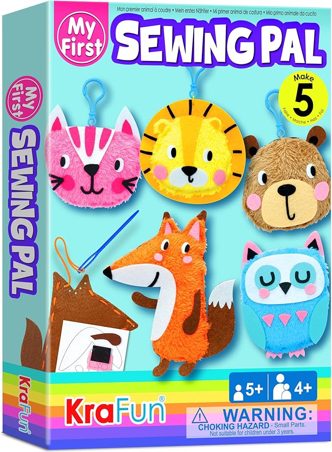 KRAFUN My First Sewing Animal for Kids, Beginner Art & Craft, 5 Easy Activities Stuffed Animal Dolls, Keyring Charms, Instructions & Felt Materials for Learn to Sew, Embroidery