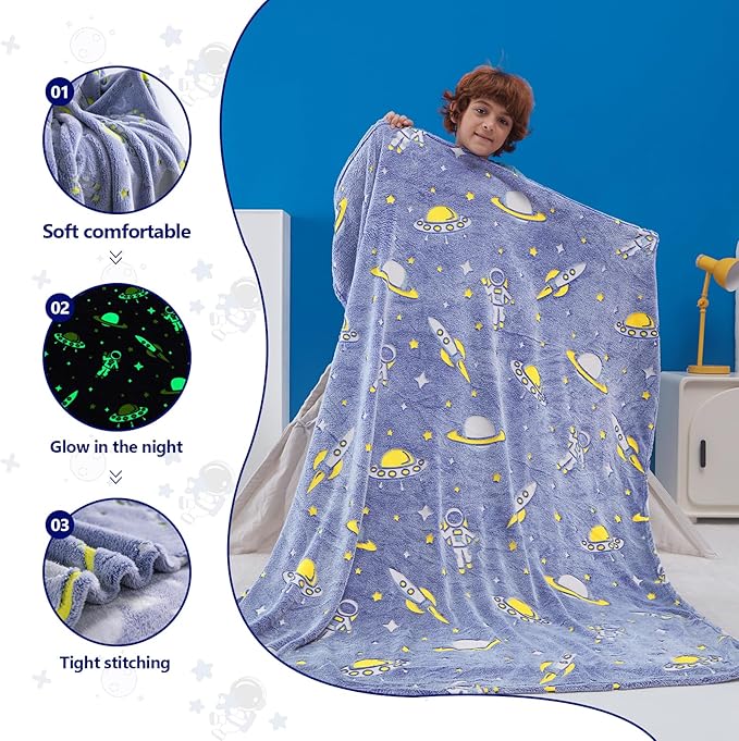 QSTEHEML Space Glow in The Dark Blanket,Galaxy Gifts Toys for Kids Boys Age 3-12 Years Old,Birthday, Decor for Child, Toddler, Teen and Grandkids Soft Throw 50"×60"