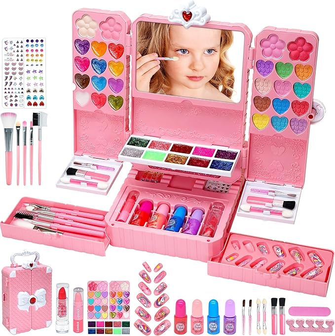 Kids Makeup Sets for Girls Toys - 74PCS Washable Makeup for Kids with Mirror, Real Dressing Table with Stand, Princess Play Makeup Kit Perfect for 3 4 5 6 7 8-12 Year Old Girls Birthday & Christmas