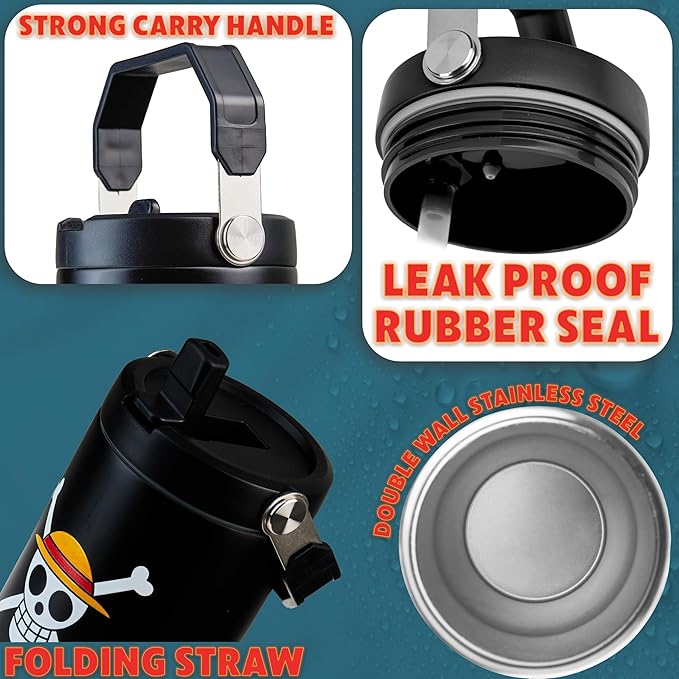 Get Trend One Piece Tumbler with Straw 30oz Kids Teens Insulated Cup with Lid Handle Travel Mug Cups with Lids for School Sports Anime Gifts for Kids (Black One Piece)