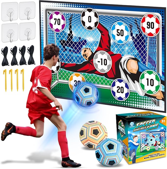 Soccer Target Toss Set for Boys & Girls, Indoor Outdoor Backyard Play with 2 Balls & 1 Foldable Flannel Goal, Birthday Gift for Kids Ages 3-12