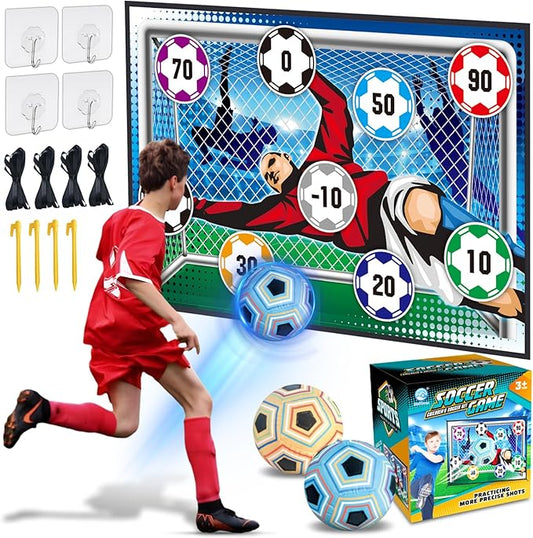Soccer Target Toss Set for Boys & Girls, Indoor Outdoor Backyard Play with 2 Balls & 1 Foldable Flannel Goal, Birthday Gift for Kids Ages 3-12