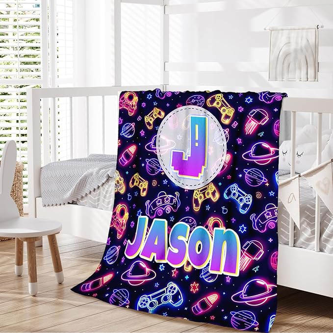 Game Gifts for Kids Toddler Teens, Personalized Throw Blanket with Name Initial Letter for Boys, Cute Custom Monogram Soft Fuzzy Blankets for Bed Couch Sofa Decor
