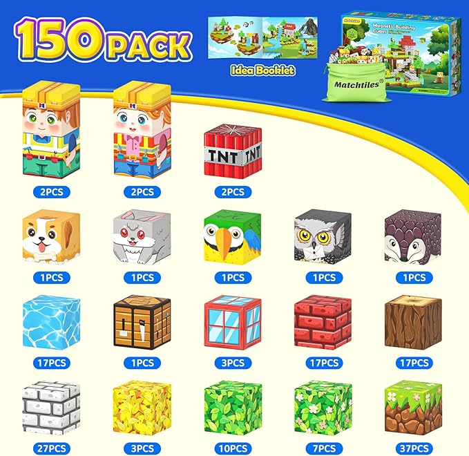 150PCS Magnetic Blocks with Forest Animals Toys, Build Mine Magnet World Set, Magnetic Tiles Building for Boys & Girls Age 4-8 5-7, STEM Montessori Sensory Toys for 3+ Toddlers Kids Gifts