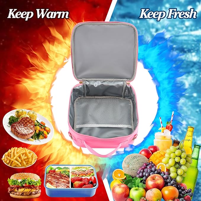 Preppy Initial Bow Mouse Lunch Bag, Kids Insulated Lunch Box Gifts for Teen Girls Daughter, Reusable Soft Lunch Containers Crossbody Cooler Bag Must Haves for Park Travel School Work Picnic Pink V