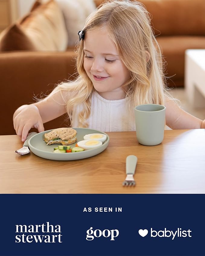 Lalo Big Bites Kids Dinnerware Full Set - Dishwasher Safe, BPA Free, Kids Tableware Set - Includes Stackable Bowl, Plate, Utensils & Cup - 7 Pieces - Oatmeal