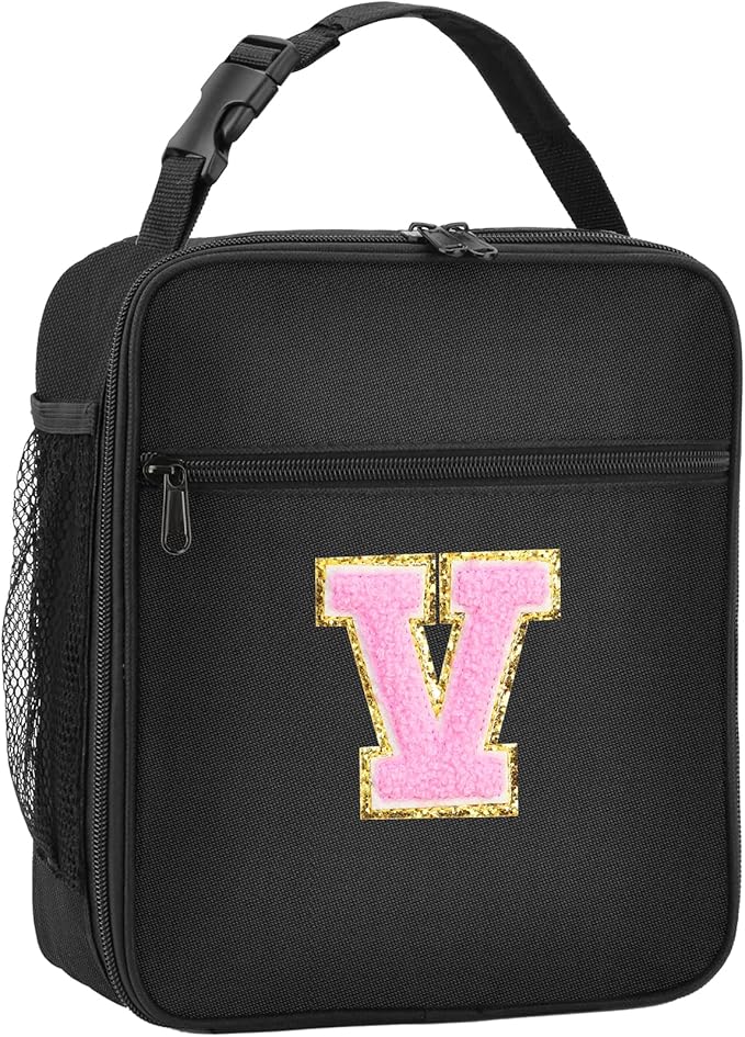 Initial Insulated Lunch Bag, Lunch Box with Initial Letter Patch for Teen Adult, Reusable Lunch Bag for Men Women, Ideal Back to School Gift Birthday Gift, Pink V