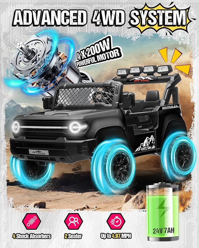 24V Ride on Toys for Big Kids, 2 Seater Electric Car w/22'' Large Seat, Remote Control, Shovel, 4X200W Engines, 4WD/2WD Switchable, Truck Bed Storage, Ride On Truck Toy for Boy Girl, Black