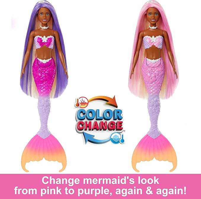 Barbie Mermaid Doll, “Brooklyn” with Pink Hair, Styling Accessories, Pet Dolphin and Water-Activated Color Change Feature, HRP98