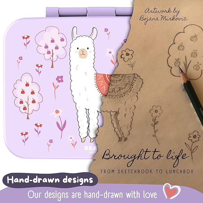 BEARFOOT Kids Lunch Box with Compartments – Compact & Lightweight | Leak-Proof, BPA-Free, Dishwasher & Microwave Safe | Hand-Drawn Design for Preschool, School, Travel (Llama Purple, 2.75 Cups)