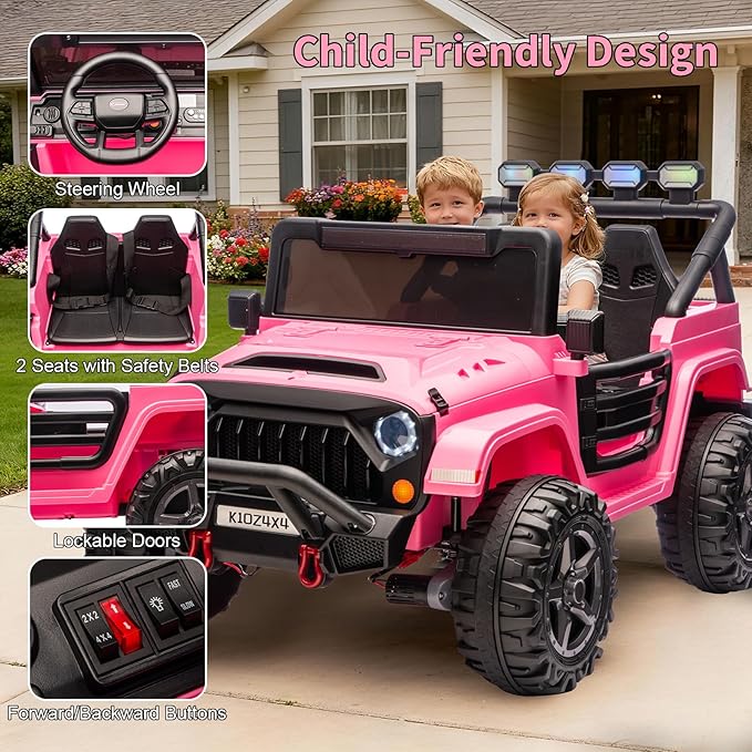 24V Ride on Toys for Big Kids, 2 Seater Ride on Car w/Remote Control, 4x4 Ride-on Truck with 4 Motors, 3 Speeds Adjustable, 4 LED Lights, Bluetooth & Music, Electric Car for Kids Toddlers 3-8, Pink