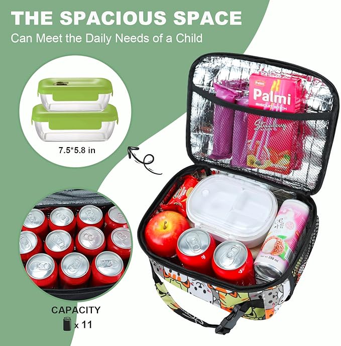 Kids Lunch Box for Boys Girls Lunch Bag Insulated Durable Lunchbox Children Lunch Tote Bag for School Cat
