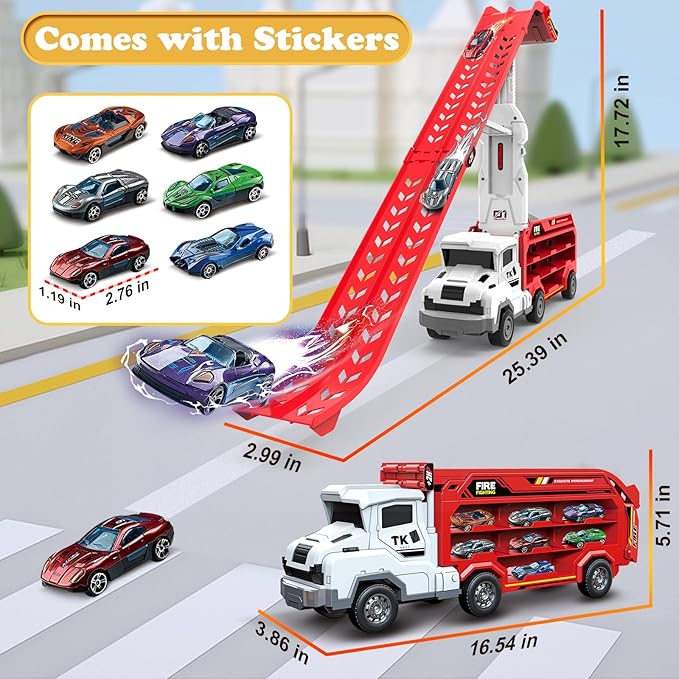 Toddler Car Truck Toys,Car Carrier Trucks Toy for Kids Age 3-5 4-8,Foldable Car Track Sets with 2.8-Ft Race Track and 6 Die-Cast Race Cars, Truck Toys Gifts for 3 4 5 6 7 8+ Year Old Boys Girls(Red)