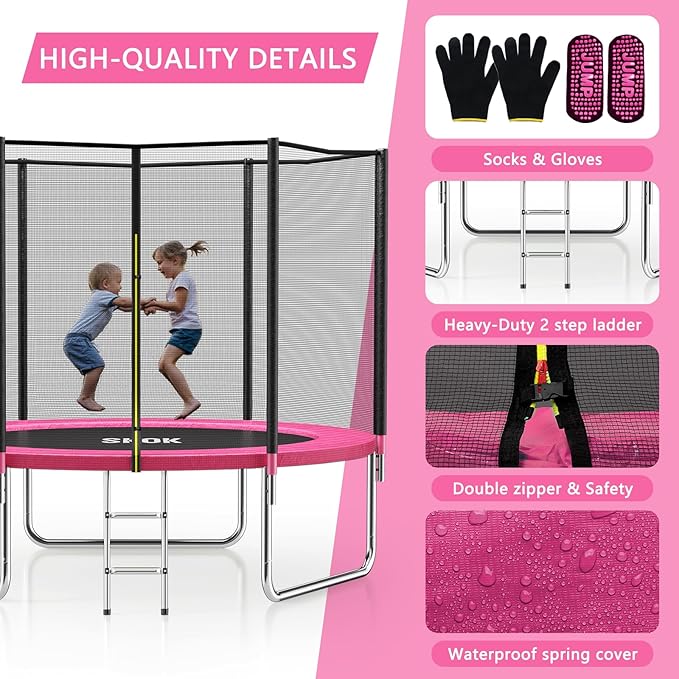 SKOK Trampoline 8FT 10FT 12FT 14FT 15FT Trampolines with Enclosure Net, 400LBS Outdoor Trampolines for Kids with Basketball Hoop-ASTM Approved Trampoline for Children and Adults with Ladder