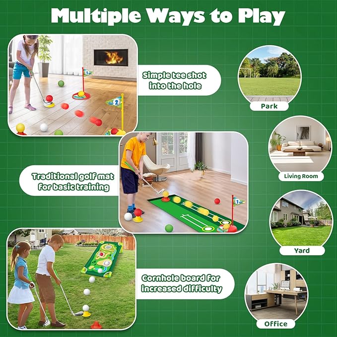 Toddler Golf Set, Golf Clubs Length Adjustable with Mat & Golf Cornhole, Upgraded Kids Golf Clubs with 8 Balls, Indoor & Outdoor Sports Toys Birthday Gifts for 3 4 5 6 Years Old Boys Girls