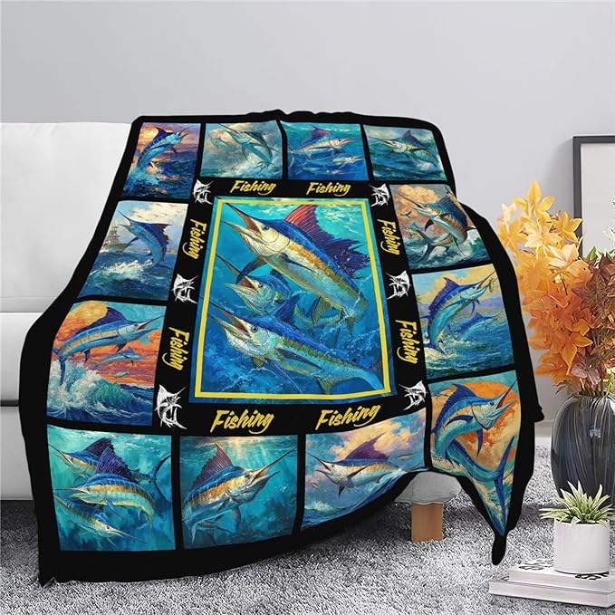 Fish Throw Blanket Fishing Marlin Stuff Gifts for Kids Girls Boys Adults Women Men Soft Cozy Warm Plush Fluffy Fuzzy Fleece Blanket Decor 50''X60''