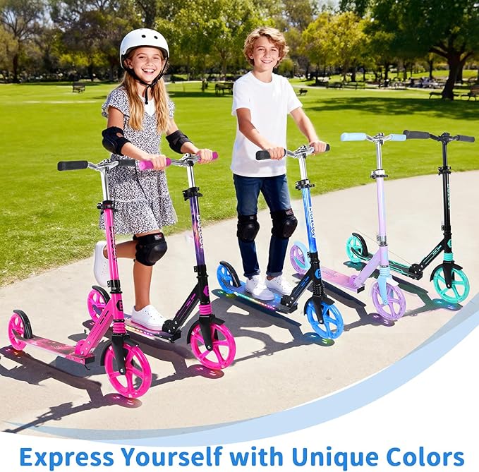 BELEEV V5 Plus Scooters for Kids Ages 6+, Teens with Light-Up Wheels & Deck, 2 Wheel Folding Lightweight Sport Scooter with 4 Adjustable Height, 8-inch Big Wheels, Carry Strap, Max Load 220 lbs