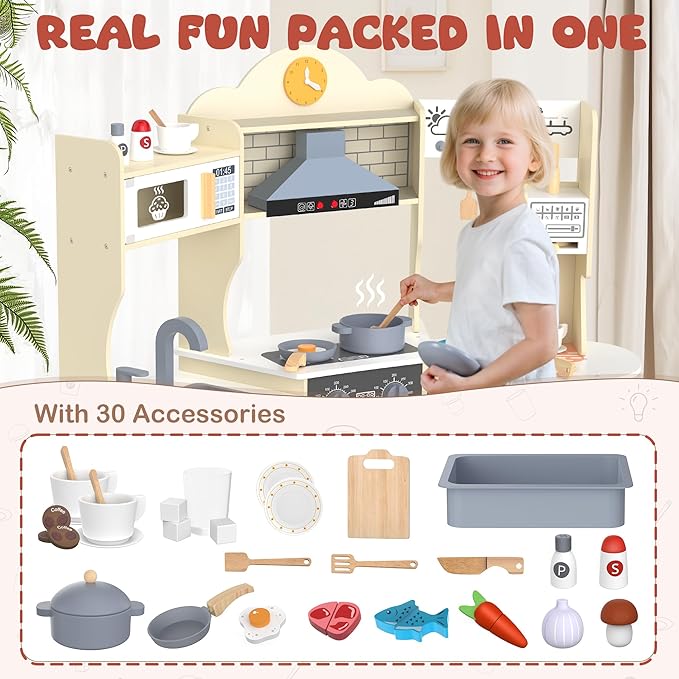 ANPABO Play Kitchen for Kids, Wooden Kids Kitchen Playset for Toddlers with Lights & Sounds, Pretend Play Toys with Coffee & Ice Maker, 30Pcs Toy Kitchen Accessories Gift for Boy&Girl (Yellow)