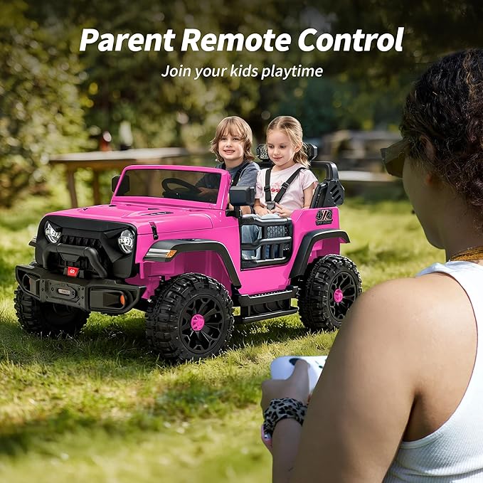 2 Seater Ride on Car Toy, 12V Electric Car for Kids 4-8 with Remote Control, Capacity 150 lb, LED Light - Hot Pink