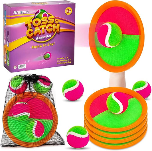 Kids Outdoor Toys - Toss and Catch Game Set, Outside Yard Camping Beach Pool Toys Games for Boys Girls 3 4 5 6 7 8 9 10 Year Old, 4 Paddles 4 Balls (Orange+Orange)