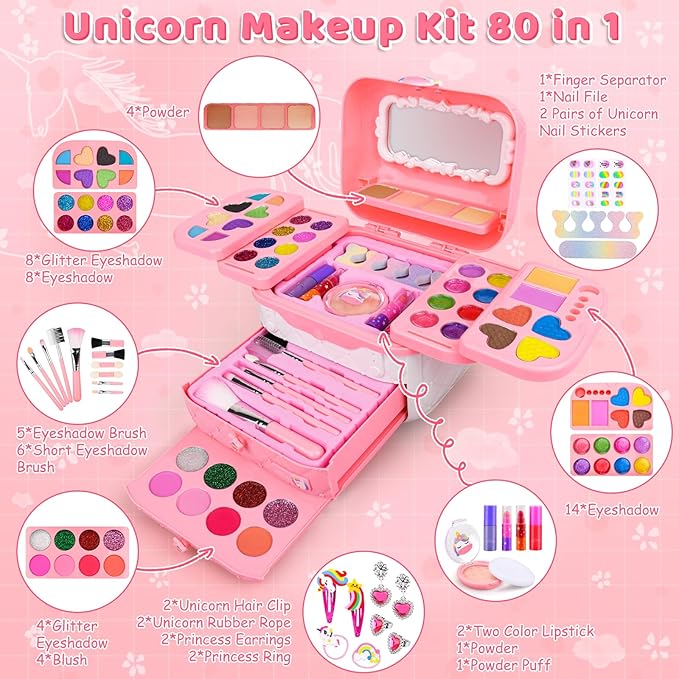 Auney 80 PCS Kids Makeup Kit for 3 4 5 6 7 8 Years Old, Unicorn Girls Toy for Little Girls Birthday, Princess Toys Dress Up Toy for Performance Dance Show Role Play Party