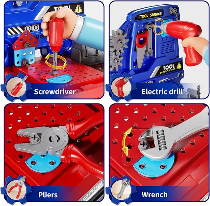 Kids Tool Bench Set, 142Pcs Toddler Tool Toy Playset with Electric Drill & Realistic Tools, STEM Building Pretend Play Construction Toys for Boys, Toddlers Toys Gifts for Ages 3 4 5 6 7 Year Olds