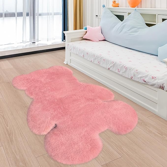 4x5.3 ft Pink Bear Shaggy Large Rug, Soft Fluffy Faux Sheepskin Fur Rug Fuzzy Shag Area Rug Cute Plush Carpet for Nursery Kids Girls Bedroom Room Aesthetic Living Room Floor Home Decor, Pink