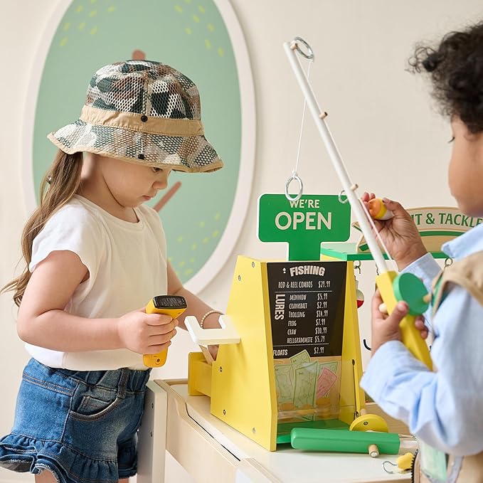 Teamson Kids Fishing Shop Playset with Cash Register & Scanner, Wooden Role Play Counter for Toddlers, Pretend Market Toy with Fish & Accessories, STEM Gift for Ages 3+